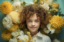 Generative AI Illustration Of Preteen Boy With Curly Hair Looking At Camera While Standing Among White And Yellow Flowers