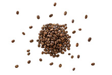 Closeup Of A Pile Of Organic Whole Roasted Coffee Beans Without Shadow Isolated On A Transparent Background From Above, Top View