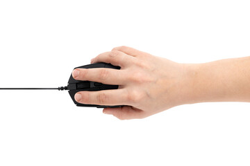 Poster - Computer mouse on a white background. Wired computer mouse in hand close-up isolated on white background.