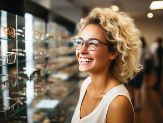 Wall Mural - young smiling woman choosing new glasses for vision