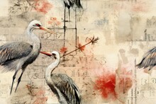 Cranes In Vintage Mixed Media Seamless Repeatable Pattern