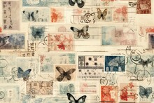 Butterflies And Postage Stamps In Vintage Mixed Media Seamless Repeatable Pattern