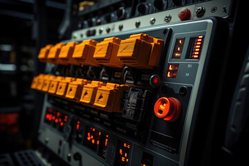 Poster - a series of switches and circuit breakers in an electrical control panel, ensuring the safe operatio