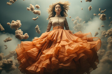 Poster - a mannequin dressed in vintage clothing, floating in mid-air within a dreamlike, gravity-defying env