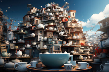 Wall Mural - A surreal cityscape where buildings are constructed from oversized everyday objects like teacups and books, challenging our sense of reality. Concept of urban whimsy. Generative Ai.