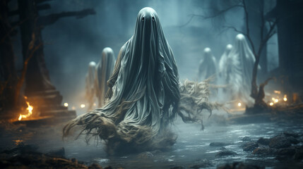 Poster - halloween background with ghost, ghost, forest and fog. halloween concept.