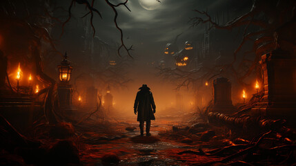 Wall Mural - halloween theme with a man in a forest