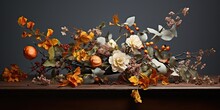 Juxtaposition Of Dried-up Autumn Leaves And Fresh Spring Blooms In A Decorative Arrangement , Concept Of Decaying Nature