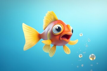 3D cartoon goldfish on blue background, funny yellow fish soaring through air, swimming in aquarium. Generative AI