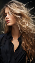 Sensual Portrait Of A Blonde With Flying Hair. Banner Or Poster For A Beauty Salon