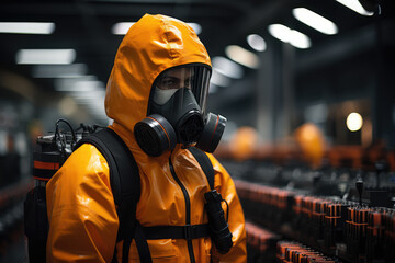 Poster - a distribution center worker wearing personal protective equipment while handling hazardous material