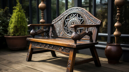 Wall Mural - old wooden chair with black background.