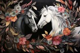 Colorful leaves and feathers mural wallpaper. White horse in black, gray background. Generative AI