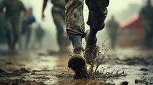 Close-up Legs Of Military Man Running On Wet Muddy Battlefield Ground. Waterproof Hiking Shoes, Military Boots For All Weathers.