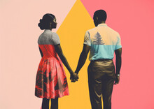 Romantic Poster Of A Black African American Couple Holding Hands — Retro Vintage Style Screenprint Style Illustration