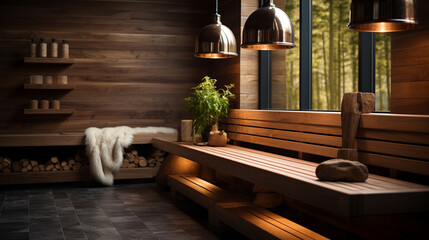 Wall Mural - interior of a sauna with a wooden bench, a burning candle and a burning candle, on a wooden bench in a country country house, the