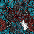 Graphic seamless black background with red and blue flowers. hand drawing. Not AI, Illustrat3. Vector illustration