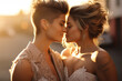 Lesbian couple embracing for the marriage. Two girls have a love, lgbtq, married wedding, girlfriend couple, pride month homosexual relationship hugs wedding dress.