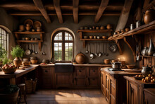 Old Rustic Kitchen With Old Wooden Furniture With Vegetables On A Table, Herbs In Pots And Jars On Shelves