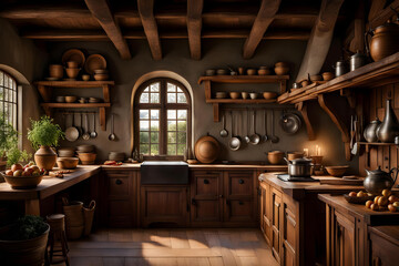 old rustic kitchen with old wooden furniture with vegetables on a table, herbs in pots and jars on shelves