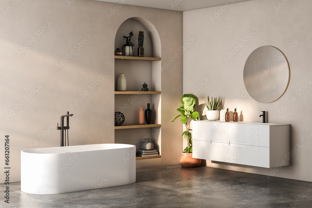 Modern bathroom interior with beige and white walls, shower area, basin ...