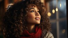 An Attractive Woman Afro With A Curly Red Hairstyle And A Smile.