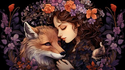 Wall Mural - A woman is holding a fox in her arms