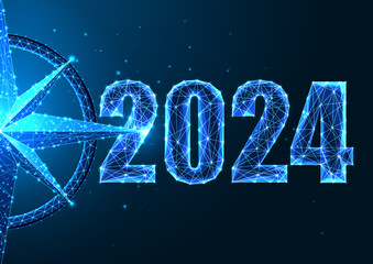 Wall Mural - Abstract 2024 business vision, goals concept web banner in futuristic polygonal style on dark blue