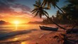 A fisherman fixing his net sitting on a beautiful tropical beach at sunset with bending palm trees fishing gear and a small boat on shore