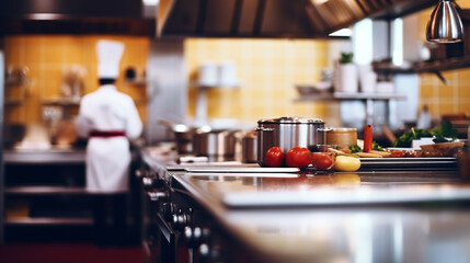 chef is preparing food in a kitchen - blurred background - generative ai