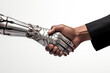 Human hand shaking a robotic hand, illustrating the collaboration between man and machine. Representing the future of AI integration and cybernetic partnership.