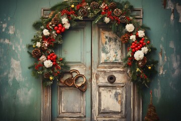 Wall Mural - Vintage Christmas wreath decoration on door. Generative AI