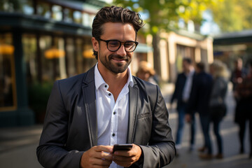 Wall Mural - A white business man using his smartphone outside