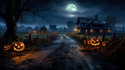Wall Mural - Halloween night in the countryside, Halloween scene with pumpkins on a path.