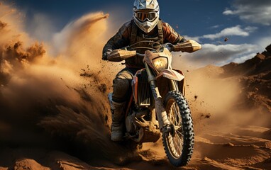 Poster - A man riding his dirt motorbike at the sand dunes