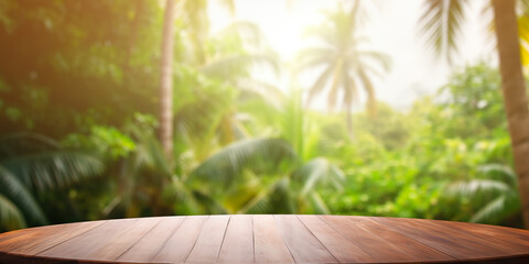 Wall Mural - Empty product photo table with tropical background in daylight