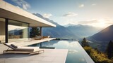Fototapeta  - Scene of a modern villa with a rooftop terrace overlooking majestic mountain ranges, providing a stunning alpine panorama