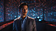 © Nemanja - Businessman in a gray suit and a blue shirt standing in a room full of digital displays all around the walls, revealing encrypted information in patterns through digits and symbols, web concept