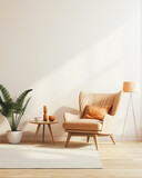 Fototapeta  - 3d living room interior mockup in warm tones with armchair on empty light white wall background