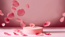 Pink Product Podium Placement On Solid Background With Rose Petals Falling