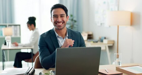 Poster - Portrait of man with smile, laptop and coworking space for research, online article and consultant at agency. Office, happiness and businessman at computer typing email review, feedback or report.
