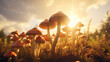 Ripe mushrooms in the plantation with the sun rays in harvesting time. Created using generative AI.