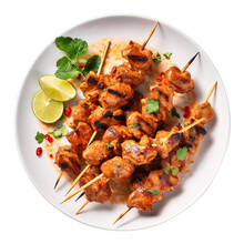 Chicken Skewers With Sauce In A Plate Isolated On Transparent Background Remove Png, Clipping Path