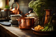 A close-up of a rustic kitchen with warm copper cookware, wooden utensils, and autumnal decor. Soft daylight highlights the culinary warmth of the space.