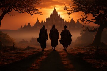 Monk walking in the old temple