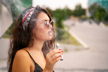 Closeup Shot Of Amazing Beautiful Young Girl Smoking E Cigarette 