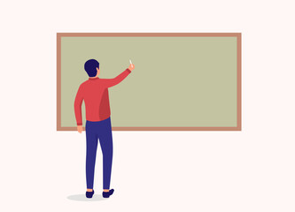 Wall Mural - Back View Of A Man Teacher Writing On An Empty Chalkboard With White Color Chalk. Full Length. Flat Design.