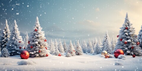 Wall Mural - Winter panoramic background with snow - covered spruce branches, Christmas tree decorated with toys in snowfall.