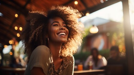 A happy woman eating a burger in an outdoor restaurant as a Breakfast meal craving deal.