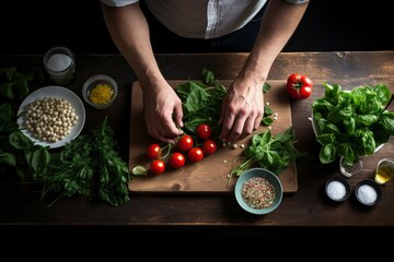 Chef preparing food. Chef's hands preparing food ingredients for cooking